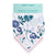 Part of aden + anaiss essentials cotton muslin bandana bibs 2 pack, this floral bib features blue and pink flowers with green leaves on white cotton muslin. Its adjustable and displayed folded against light blue cardboard packaging.