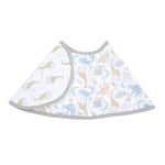 The aden + anais essentials cotton muslin burpy bib offers full coverage with a cape design, showcasing pastel animal illustrations such as giraffes, elephants, and octopuses. Its made from absorbent cotton muslin with a grey trim and charming patterns on a white background for both style and practicality.