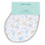 An aden + anais essentials cotton muslin burpy bib in white features a soft pastel animal print with giraffes, turtles, and whales, finished with light gray trim. It comes with a mint green label displaying the brand name and product details.