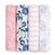 The aden + anais essentials cotton muslin swaddle blanket 4 pack features four rolled designs: pink with a bird and leaf pattern, white with purple flowers, white with pink dot stripes, and white with blue leaves. Crafted from soft cotton muslin, they provide breathable comfort for your baby.