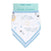The aden + anais essentials white cotton muslin bandana bib has blue trim, adjustable fit, and a delightful pattern of astronauts, stars, clouds, sun, and moon.