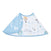 The aden + anais essentials cotton muslin burpy bib features a circular design with a blue edge and space-themed pattern, including astronauts and planets, on absorbent muslin. This full-coverage bib offers style and practicality for your little explorer.