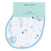 The aden + anais essentials cotton muslin burpy bib is white with blue trim and a space theme featuring astronauts, planets, stars, and clouds. Made from absorbent cotton muslin for full coverage, it has a light blue label on top with aden + anais essentials printed on it.