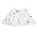 The aden + anais Disney™ Winnie the Pooh essentials cotton muslin burpy bib features soft pastel Pooh and leaf designs, a comfy wrap-around fit, absorbent cotton muslin, and easy left-side velcro closure for convenient wear.