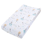 The aden + anais essentials cotton muslin changing pad cover showcases sleeping animals on clouds, moons, and stars in warm tones with blue, green, and orange accents on a white pastel-colored background.