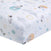 The aden + anais essentials cotton muslin crib sheet offers a playful space theme with astronauts, planets, and stars in light blue, yellow, orange, and gray. Made from soft, breathable cotton muslin, its perfect for a child-friendly atmosphere.