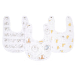 The aden + anais Disney™ essentials cotton muslin snap bibs 3 pack features absorbent bibs with designs of gray elephants, assorted animals, and yellow ducks. Perfectly crafted to grow with your baby.