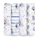 Explore the Disney™ essentials cotton muslin swaddle blanket 4 pack by aden + anais, featuring versatile baby blankets: characters with night sky motifs, stripes and characters, star designs, and a scattered character pattern. These breathable muslin blankets come in calming blue, white, and yellow accents.