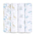 The aden + anais essentials cotton muslin swaddle blanket 4 pack features four rolled-up swaddles with animal prints: blue whales, gray elephants, yellow giraffes, and a pastel ocean mix on a crisp white background. Made from breathable cotton, these are versatile baby essentials.