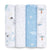 The aden + anais essentials cotton muslin swaddle blanket 4 pack features breathable blankets with playful space-themed designs, including astronauts, stars, clouds in a blue sky, and UFOs. The soft color palette combines white, light blue, and gentle pops of color.