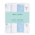 An aden + anais essentials cotton muslin swaddle blanket 4 pack includes four breathable blankets with star, moon, UFO, and planet designs. The packaging has a mint green label detailing product information.