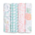 The aden + anais essentials cotton muslin swaddle blanket 4 pack includes four designs: tropical leaves with a bird, teal polka dots, pink abstract leaves, and a cute pineapple pattern.