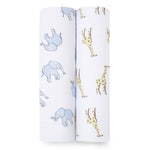 The aden + anais essentials cotton muslin swaddle blanket 2 pack features one blanket with light blue elephants and another with yellow giraffes and brown spots, both on a crisp white background.