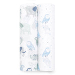 The aden + anais essentials cotton muslin swaddle blanket 2 pack includes two rolled blankets with charming animal and nature prints: one with elephants and owls, the other with owls, stars, and moons—all in soothing pastel hues for your little ones cozy comfort.