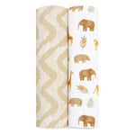 The aden + anais essentials cotton muslin swaddle blanket 2 pack includes two rolled muslin swaddles: one beige with a zigzag pattern and one white adorned with elephant, giraffe, and plant prints in earthy tones. Crafted from breathable cotton muslin for supreme comfort.