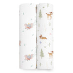 The aden + anais Disney™ Essentials cotton muslin swaddle 2-pack includes breathable blankets with whimsical woodland designs: one features squirrels and acorns, the other deer, trees, and leaves in soft pastel hues, perfect for adding a cozy yet stylish touch to any nursery.