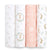 The aden + anais essentials cotton muslin swaddle blanket 4 pack includes soft, breathable fabric with whimsical designs like small flowers, rabbits in a wreath, hand-drawn roses on peach, and rabbits with leaves.
