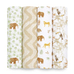 The aden + anais essentials cotton muslin swaddle blanket 4 pack features breathable, rolled-up blankets with charming designs: green leaves with elephants, wavy beige lines, leopards and elephants, and birds with leaves on a white background. Perfect for your babys comfort and coziness.