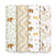 The aden + anais essentials cotton muslin swaddle blanket 4 pack features breathable, rolled-up blankets with charming designs: green leaves with elephants, wavy beige lines, leopards and elephants, and birds with leaves on a white background. Perfect for your babys comfort and coziness.