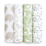 The aden + anais essentials cotton muslin swaddle blanket 4 pack showcases breathable designs: leaves, animals and flowers, white animals with trees on light green, and stylized suns with rainbows and stars on white.