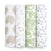 The aden + anais essentials cotton muslin swaddle blanket 4 pack showcases breathable designs: leaves, animals and flowers, white animals with trees on light green, and stylized suns with rainbows and stars on white.