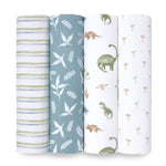 Displayed vertically, the aden + anais essentials cotton muslin swaddle blanket 4 pack features patterns of green and white stripes, teal with leaves, white with dinosaurs in green/brown, and white with small palm trees. Made from breathable cotton, theyre perfect versatile baby blankets.