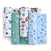 Four Disney™ essentials cotton muslin swaddle blankets by aden + anais are displayed, featuring colorful patterns with cartoon characters, stars, cacti, and animals on white, blue, and green backgrounds.