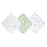 The essential cotton muslin washcloths 3 pack by aden + anais features three square washcloths with looped tags for hanging. Designs include blue and gray feathers, a green leaf pattern, and blue flowers on white. Crafted with absorbent layers, theyre gentle on delicate skin and add charm to your décor.