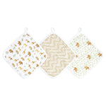 The aden + anais essential cotton muslin washcloths 3 pack features three designs: safari animals, zigzags, and bears with leaves. Made with absorbent layers and hanging loops, they are ideal for delicate skin.