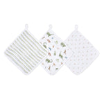 The aden + anais essential cotton muslin washcloths 3 pack includes a striped green, a dinosaur-patterned, and a triangle-decorated cloth. Each absorbent and gentle on delicate skin, they feature hanging loops for convenience.