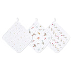 The aden + anais essential cotton muslin washcloths 3 pack includes three white cloths with loop hangers: one with colorful stars, another with playful animals and musical notes, and a third featuring animals with balloons and stars. Each has absorbent layers ideal for delicate skin.