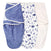 Three aden + anais essentials velboa wrap swaddles are shown: one in dark blue with white constellation patterns, another white with blue abstract animal designs, and a third in velboa minky fabric, plain light cream color.