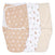 The aden + anais essentials easy swaddle wrap 3 pack includes a beige and peach moon-and-sun design, a whimsical cactus-and-llama print on white, and a solid beige swaddle. Designed with adjustable fasteners, these wraps help prevent newborn startle reflex.