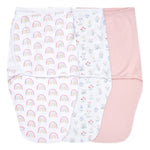 The aden + anais essentials easy swaddle wrap 3 pack includes a rainbow-patterned swaddle, a floral design, and a plain pink wrap. Designed to prevent the startle reflex, these swaddles provide comfort and security.