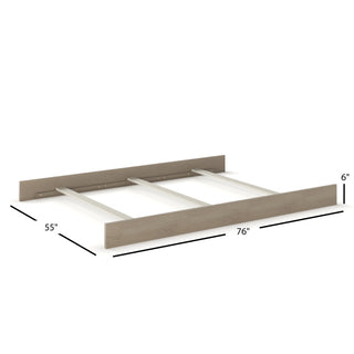 The Child Craft F06424 Full-Size Bed Rails in Crescent Grey are shown without a mattress. The frame measures 76"L x 55"W x 6"H, with dimensions indicated by black arrows. Compatible with bed rails or a crib conversion kit.
