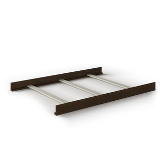 The Child Craft F06454 Jamocha full-size bed rails are shown on a white background, featuring dark brown wooden headboard and footboard with three horizontal metal support slats, compatible with Child Craft cribs.