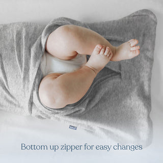 A baby rests on a gray HALO Swaddle Ideal Temp TOG 1.5, showcasing their legs. The sleep sack features a 3-way swaddle design, Ideal Temp fabric, and a bottom-up zipper for easy changes.