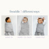 Three babies wear HALO Swaddle 100% Cotton TOG 1.5: first with arms in, second hand-to-face, third arms out. Text: Swaddle in 3 ways for healthy hip development—arms in, hand-to-face, or arms out.