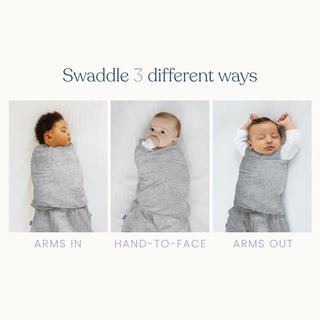 Three babies wear HALO Swaddle 100% Cotton TOG 1.5: first with arms in, second hand-to-face, third arms out. Text: Swaddle in 3 ways for healthy hip development—arms in, hand-to-face, or arms out.