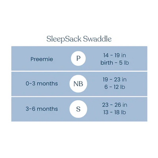 Chart showing HALO Eric Carle The Hungry Caterpillar 100% Cotton Swaddle TOG 1.5 sizes: Preemie (14-19 in, birth-5 lb), NB (19-23 in, 6-12 lb), S (23-26 in, 13-18 lb)—the perfect wearable blanket swaddle for your baby.