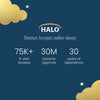 Dark blue graphic with gold clouds and stars. Text: HALO Swaddle 100% Cotton TOG 1.5—adjustable wings support healthy hips for safer sleep. Trusted by 30M parents, 75K+ 5-star reviews, and 30 years of expertise.