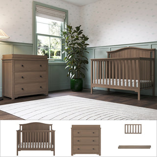 A softly lit nursery with light green wainscoting features the Child Craft Hampton Arch Top 4-Piece Nursery Set, including a convertible crib and dresser. A tall plant sits by the window, complemented by a cozy white rug. See individual item images below.