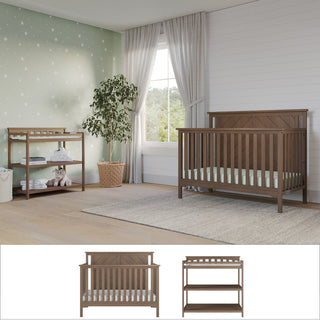 A nursery featuring the Child Craft Hampton Flat Top 2-Piece Nursery Set, light green walls with white stars, a potted plant, white curtains, and a large window. Two smaller images highlight the crib and changing table from the set.