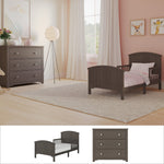A cozy toddler bedroom featuring the Child Craft Hampton Toddler Bed 2-Piece Set, which includes a gray toddler bed and matching nursery dresser, complemented by pink bedding, a floor lamp, animal wall art, white curtains, and a soft rug on light wood floors. Inset highlights the Hampton toddler bed and nursery dresser from the set.