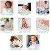A grid of eight images shows versatile uses for the aden + anais essentials cotton muslin swaddle blanket 4 pack: swaddle, burp cloth, stroller and nursing cover, playtime and changing mat, swaddle bath, and travel blanket.