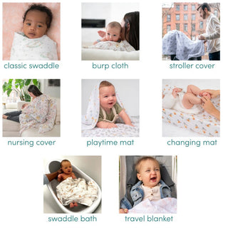 A grid of eight images shows versatile uses for the aden + anais essentials cotton muslin swaddle blanket 4 pack: swaddle, burp cloth, stroller and nursing cover, playtime and changing mat, swaddle bath, and travel blanket.