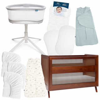 A collage featuring the HALO Nest-to-Crib Bundle: a white bassinet, wood and mesh crib, mint 3-in-1 Swaddle, two mattress pads, two crib sheet sets, a white patterned sleep sack, and a breathable crib mattress cover.