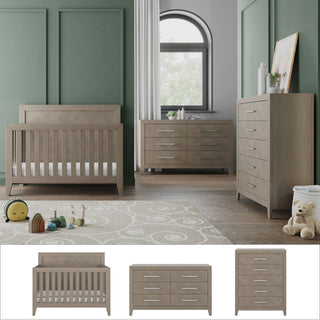 Modern nursery room with sage green walls, a Child Craft Kieran 3-Piece Nursery Set in light wood (4-in-1 convertible crib, dresser, chest), beige patterned rug, toys, and large window. Below are individual images of each piece.