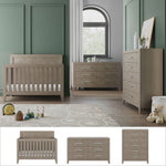 Modern nursery featuring sage green walls and the Child Craft Kieran 3 Piece Nursery Set, which includes a wooden convertible crib, dresser, and chest of drawers. The room is warmly decorated with toys, a rug, and stuffed animals to create an inviting atmosphere. Shown below are individual product images of the Child Craft crib, dresser, and chest from the Kieran set.