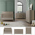 Modern nursery featuring sage green walls and the Child Craft Kieran 3 Piece Nursery Set, which includes a wooden convertible crib, dresser, and chest of drawers. The room is warmly decorated with toys, a rug, and stuffed animals to create an inviting atmosphere. Shown below are individual product images of the Child Craft crib, dresser, and chest from the Kieran set.